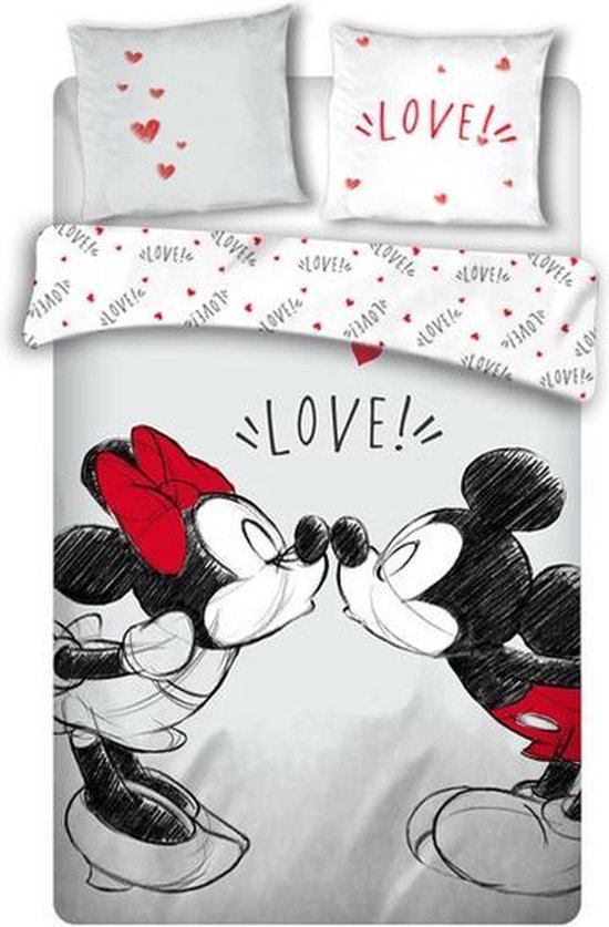 Disney Mickey Mouse dekbedovertrek Love - Wit/Rood - 140 x 200 cm, 240 x 220 cm - Katoen