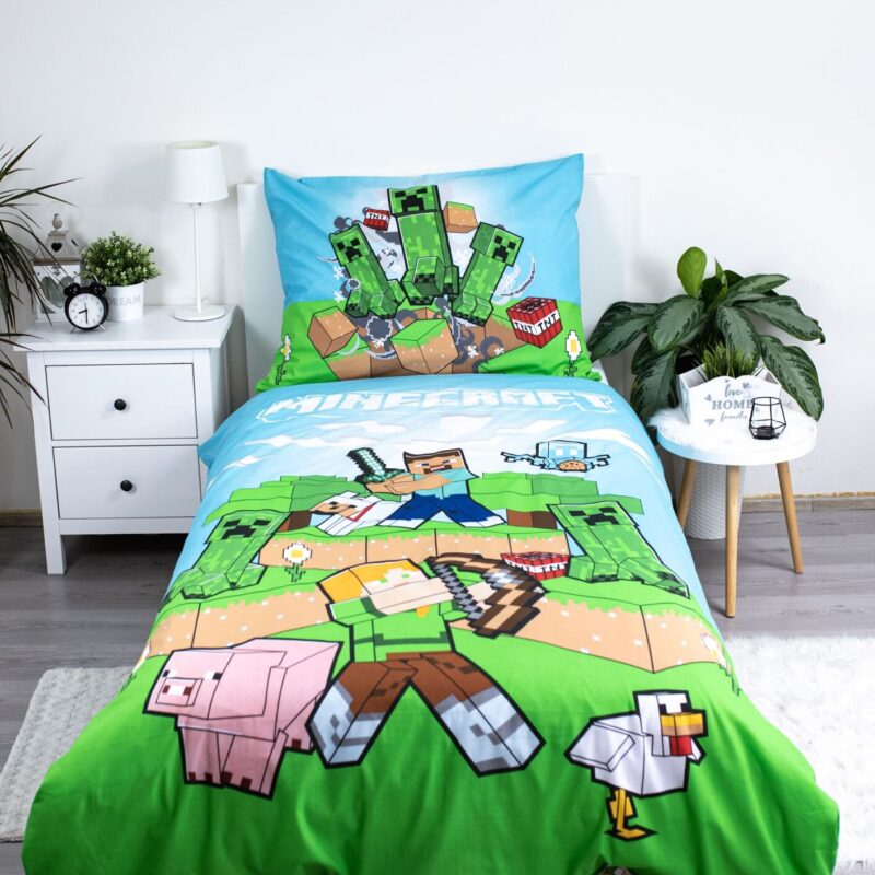 Outdoor Mobs overtrek van Minecraft, 140 x 200 cm, kussensloop 70 x 90 cm
