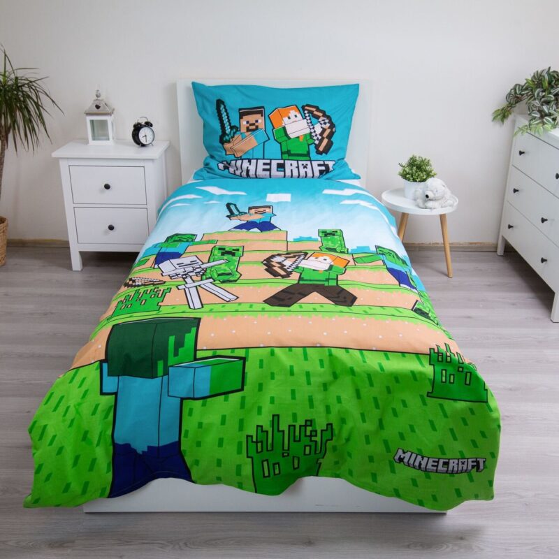 Groen overtrek van Minecraft, 140 x 200 cm, kussensloop 70 x 90 cm