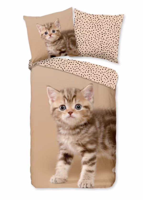 Good Morning Kinderdekbedovertrek "poes" - Zand - (135x200 cm) - Katoen Flanel