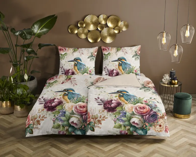 Bloemen en vogels overtrek van Descanso, 155 x 220 cm, kussensloop 80 x 80 cm - kussensloop 80 x 80 cm
