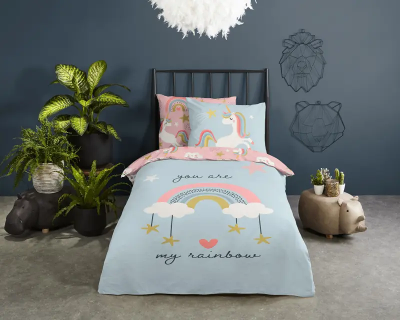 Eenhoren en regenbogen overtrek van Good Morning, 120 x 150 cm, kussensloop 60 x 70 cm