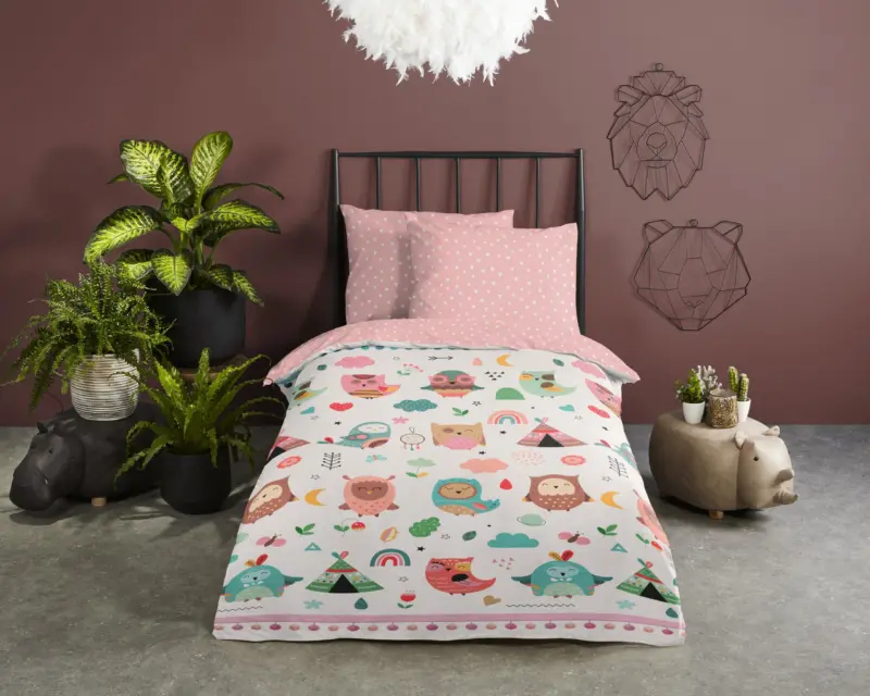 Uilen in boho thema overtrek van Good Morning, 120 x 150 cm, kussensloop 60 x 70 cm