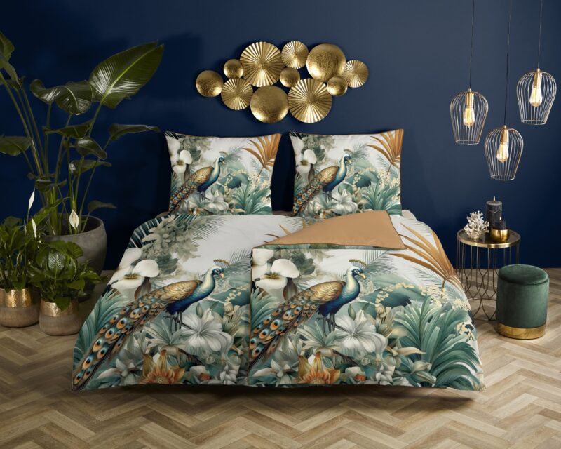Bladeren en vogels overtrek van Descanso, 155 x 220 cm, kussensloop 80 x 80 cm