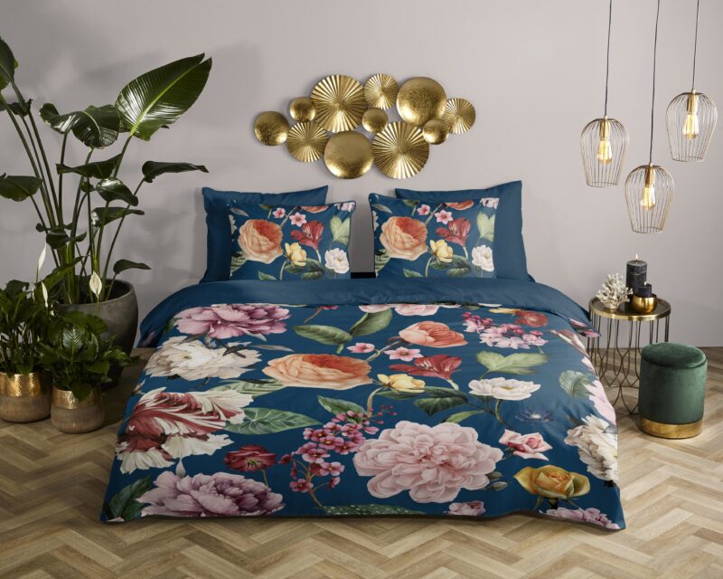 Bloemen overtrek van Descanso, 240 x 200/220 cm, kussensloop 60 x 70 cm - Blauw