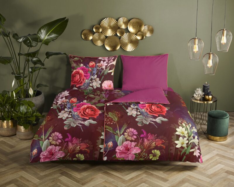Bordeaux Biologisch satijn - Bloemen overtrek van Descanso, 135 x 200 cm, kussensloop 80 x 80 cm