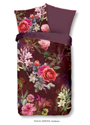Descanso dekbedovertrek bloemen - Bordeaux - 135 x 200 cm - 100% katoen/satijn - kussensloop 80 x 80 cm