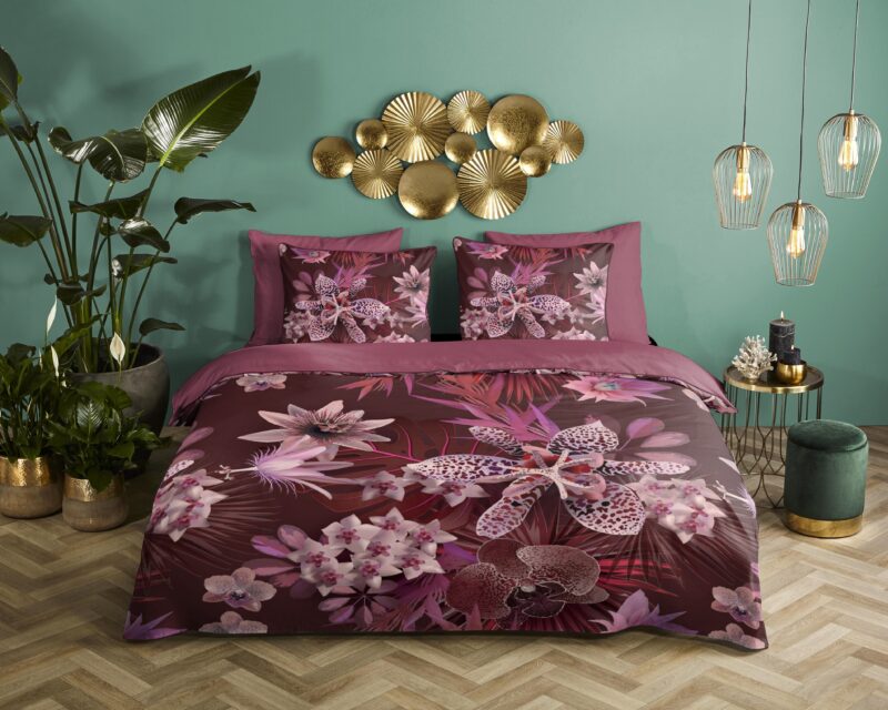 Bloemen overtrek van Descanso, 140 x 200/220 cm, kussensloop 60 x 70 cm - Bordeaux