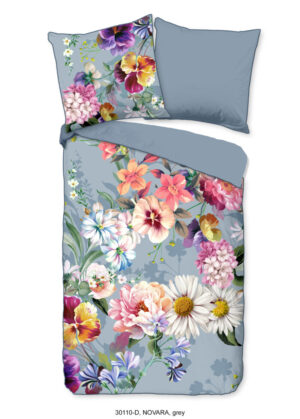 Descanso dekbedovertrek bloemen - Grijs - 135 x 200 cm - 100% katoen/satijn