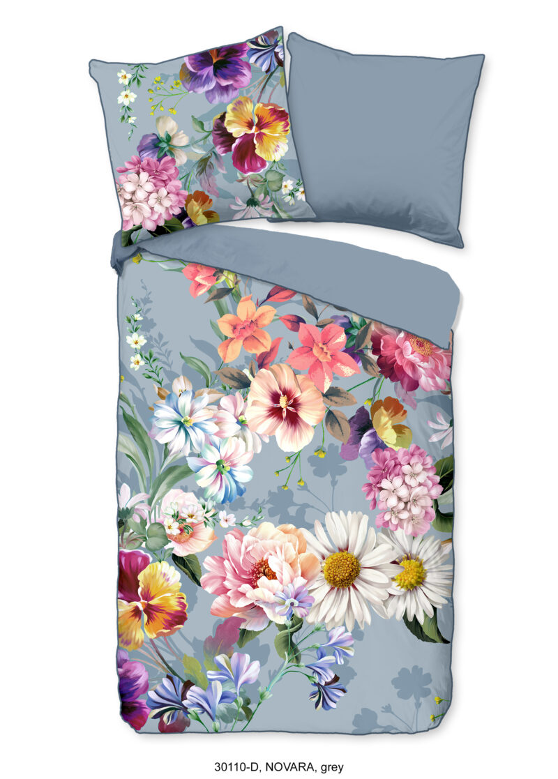 Descanso dekbedovertrek bloemen - Grijs - 135 x 200 cm - 100% katoen/satijn