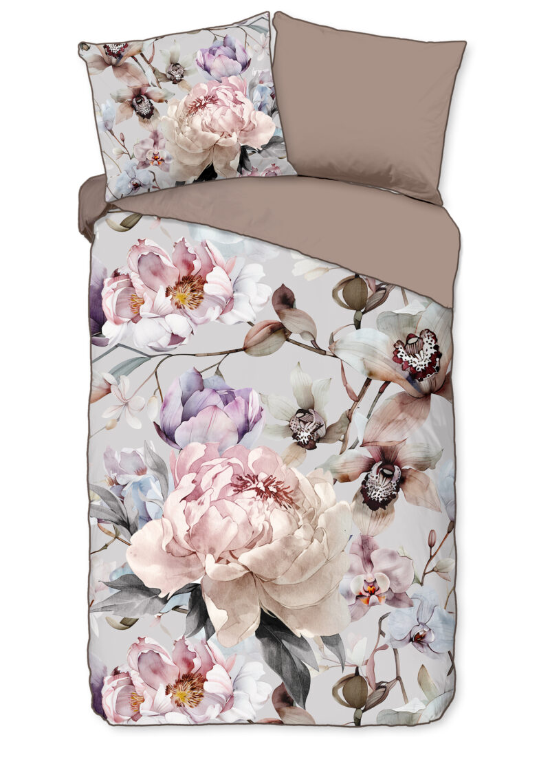 Descanso dekbedovertrek bloemen - Grijs - 140 x 200/220 cm - 100% katoen/satijn