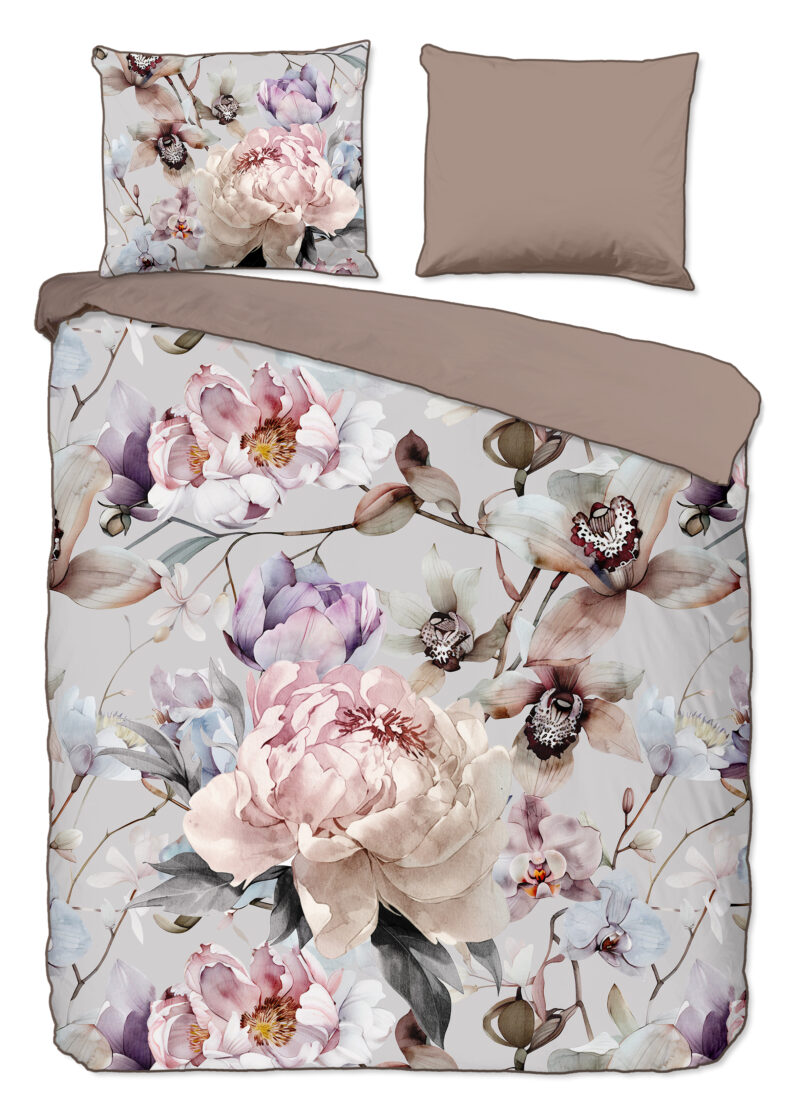 Descanso dekbedovertrek bloemen - Grijs - 240 x 200/220 cm - 100% katoen/satijn