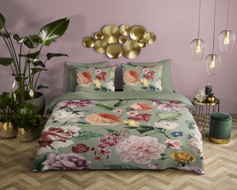Bloemen overtrek van Descanso, 240 x 200/220 cm, kussensloop 60 x 70 cm - Groen