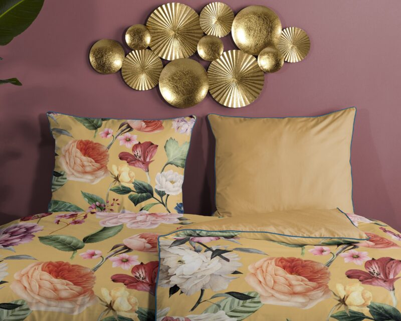 100% katoen/satijn dekbedset bloemen van Descanso in 135 x 200 cm - Oker