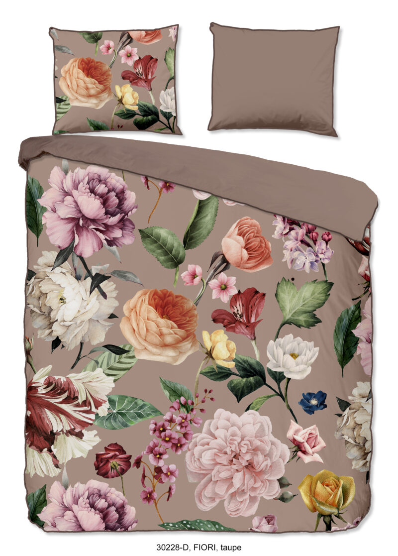 Descanso dekbedovertrek bloemen - Taupe - 200 x 200/220 cm - 100% katoen/satijn