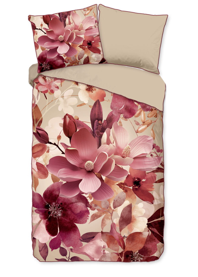Descanso dekbedovertrek bloemen - Zand - 140 x 200/220 cm - 100% katoen/satijn - kussensloop 60 x 70 cm