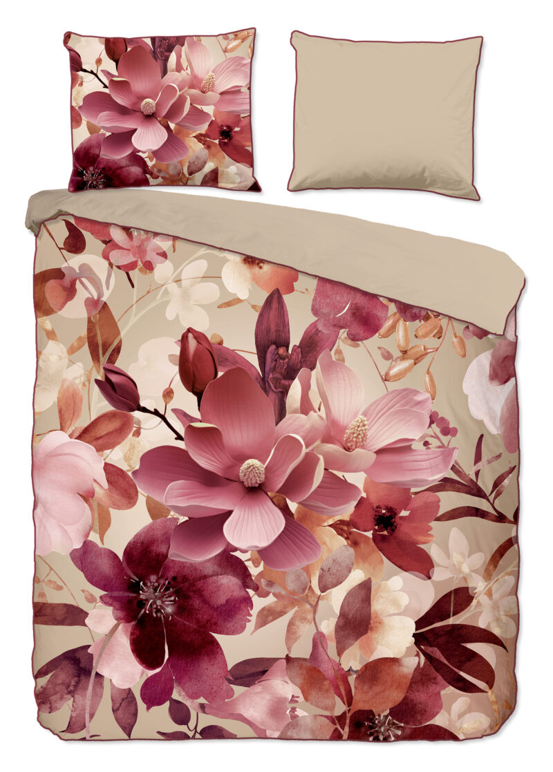 Descanso dekbedovertrek bloemen - Zand - 200 x 200/220 cm - 100% katoen/satijn - kussensloop 60 x 70 cm