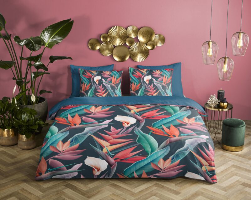Bloemen en bladeren overtrek van Descanso, 140 x 200/220 cm, kussensloop 60 x 70 cm