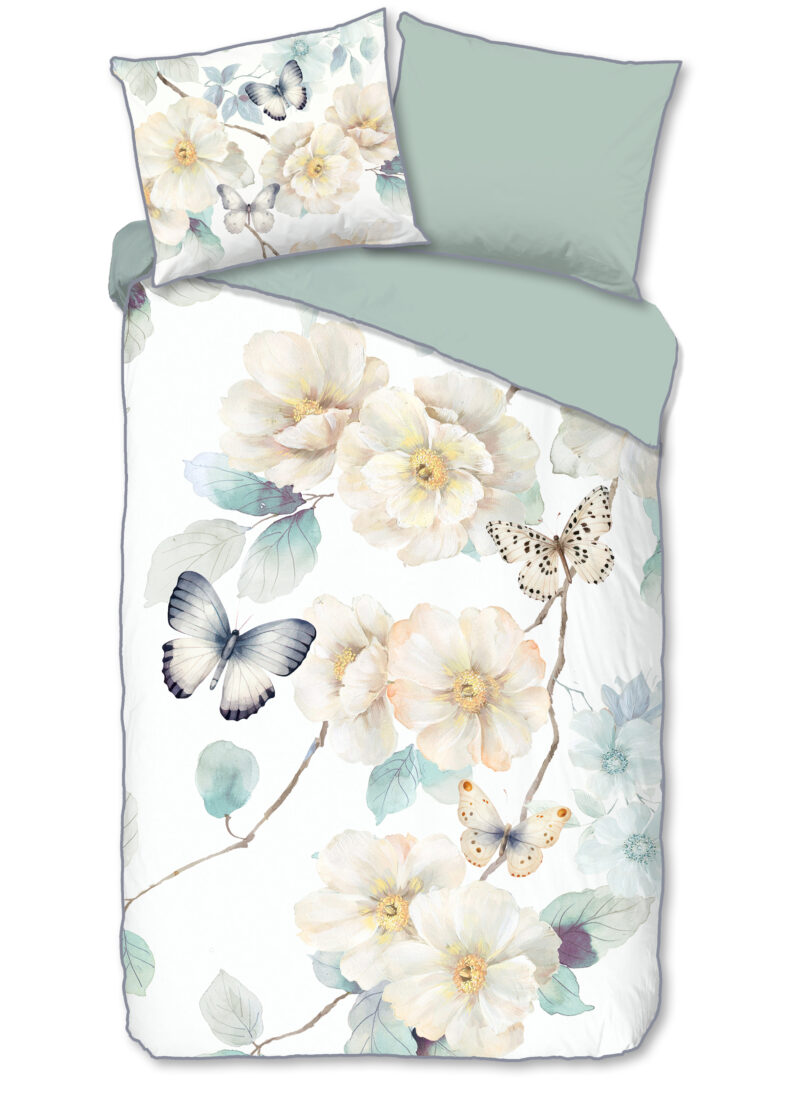 Descanso dekbedovertrek bloemen en vlinders - Wit - 140 x 200/220 cm - 100% katoen/satijn