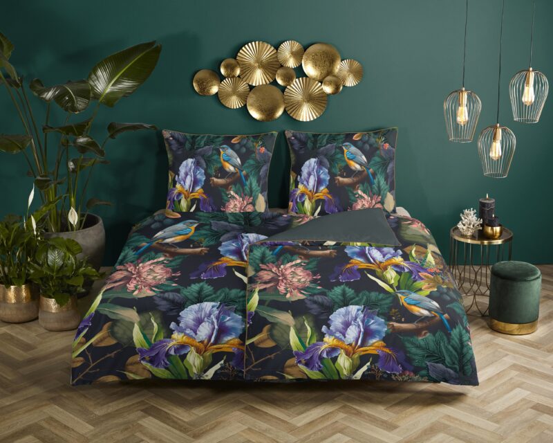 Bloemen en vogels overtrek van Descanso, 155 x 220 cm, kussensloop 80 x 80 cm