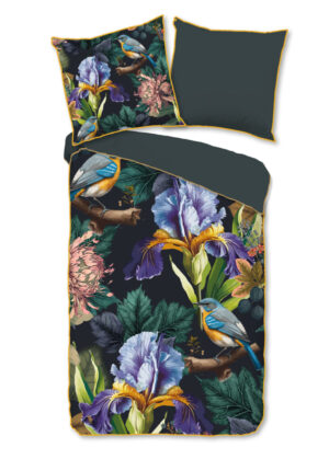 Descanso dekbedovertrek bloemen en vogels - Antraciet - 155 x 220 cm - 100% katoen/satijn