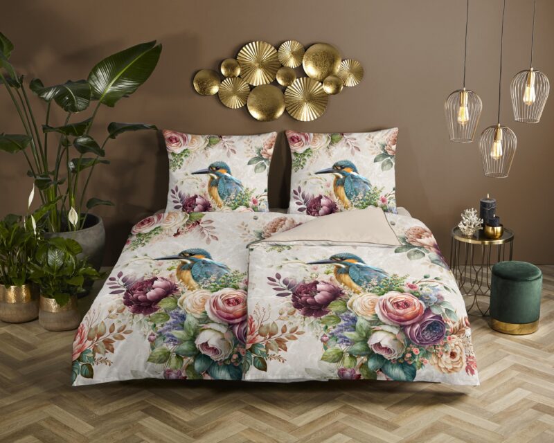 Bloemen en vogels overtrek van Descanso, 200 x 200 cm, kussensloop 80 x 80 cm