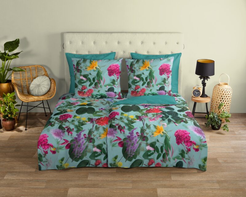 Bloemen overtrek van Good Morning, 135 x 200 cm, kussensloop 80 x 80 cm - Aqua