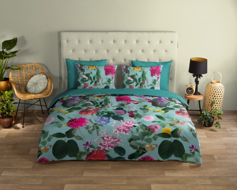 Bloemen overtrek van Good Morning, 240 x 200/220 cm, kussensloop 60 x 70 cm - Aqua