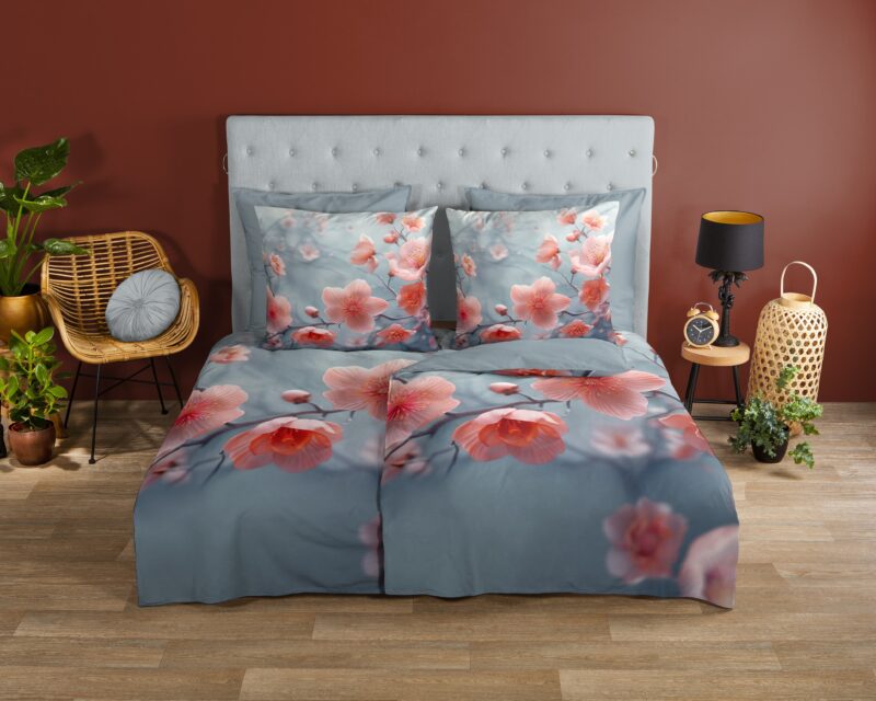 Bloemen overtrek van Good Morning, 135 x 200 cm, kussensloop 80 x 80 cm - Grijs