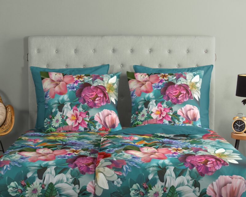 100% katoen dekbedset bloemen van Good Morning in 135 x 200 cm - Petrol