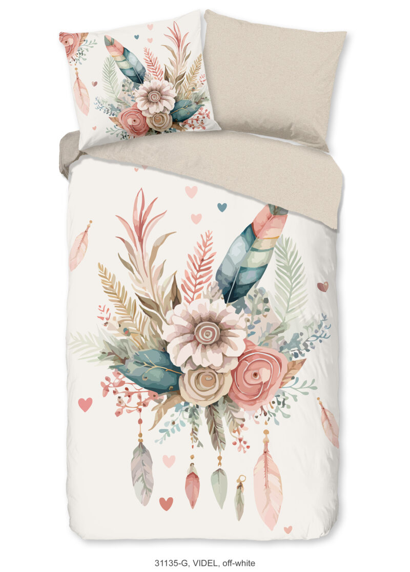 Good Morning Dekbedovertrek "bloemen en veren" - Ecru - (140x200/220 cm) - Katoen