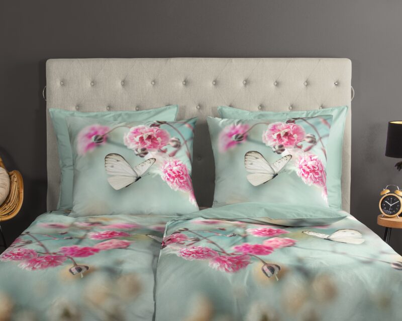 100% katoen dekbedset bloemen en vlinders van Good Morning in 135 x 200 cm - Mint
