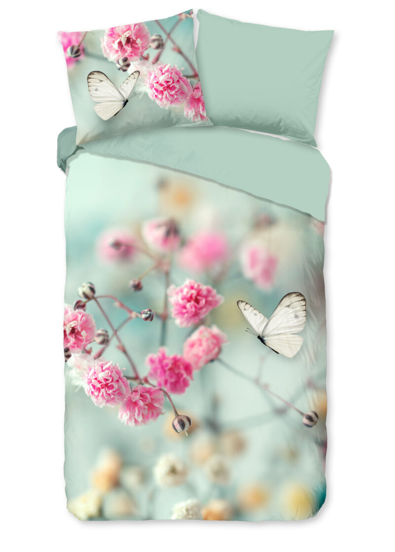Good Morning dekbedovertrek bloemen en vlinders - Mint - 140 x 200/220 cm - 100% katoen