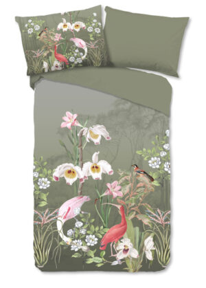 Good Morning dekbedovertrek bloemen en vogels - Groen - 140 x 200 cm - 100% katoen