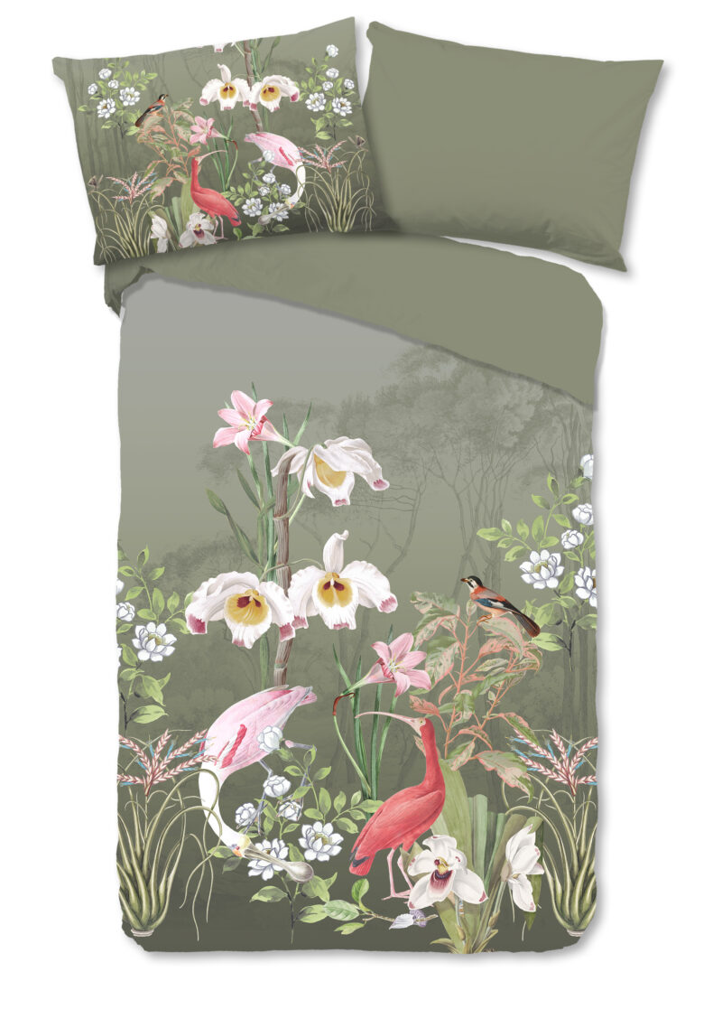 Good Morning dekbedovertrek bloemen en vogels - Groen - 140 x 200 cm - 100% katoen
