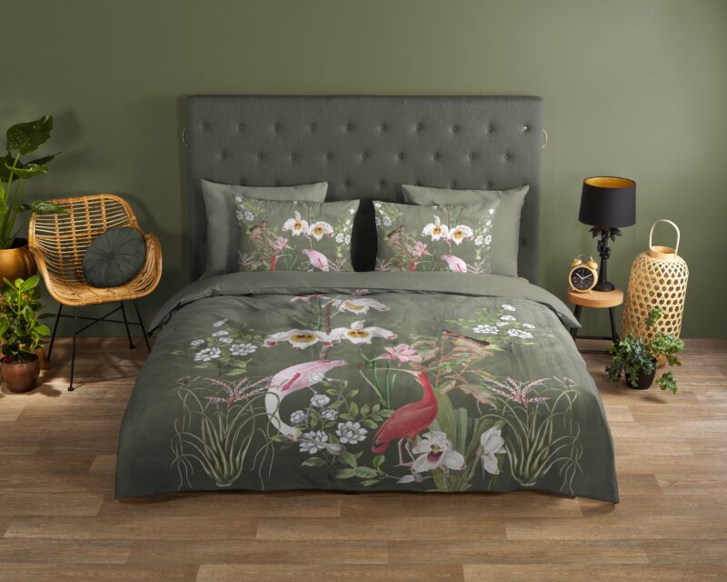 Bloemen en vogels overtrek van Good Morning, 200 x 200/220 cm, kussensloop 60 x 70 cm