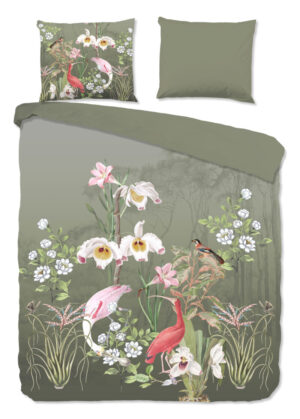Good Morning dekbedovertrek bloemen en vogels - Groen - 200 x 200/220 cm - 100% katoen