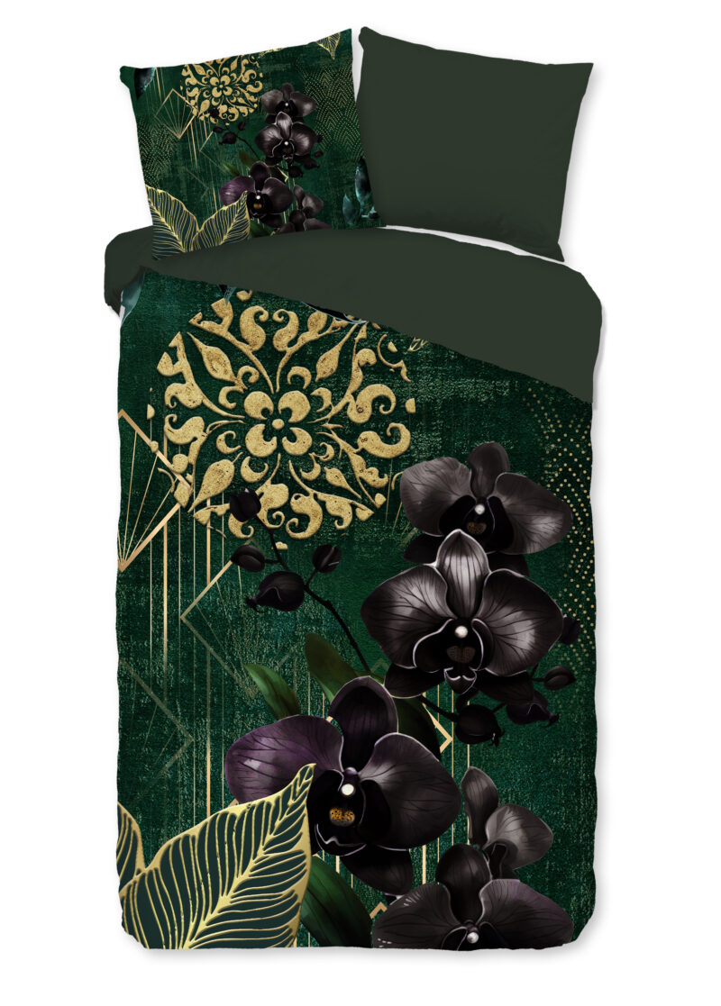 Good Morning Dekbedovertrek "orchideeen en gouden elementen" - Groen - (140x200/220 cm) - Katoen