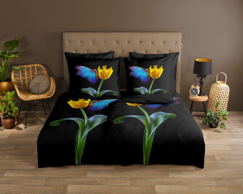Papegaai tulp & vlinder overtrek van Good Morning, 135 x 200 cm, kussensloop 80 x 80 cm