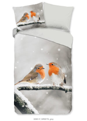Good Morning dekbedovertrek roodborst vogels in de sneeuw - Grijs - 140 x 200/220 cm - 100% katoen/flanel