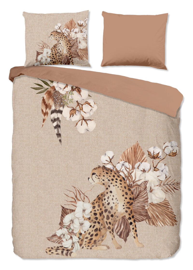 Good Morning dekbedovertrek tijger en bloemen - Zand - 240 x 200/220 cm - 100% katoen/flanel