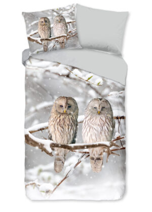 Good Morning dekbedovertrek uilen in winterlandschap - Grijs - 240 x 200/220 cm - 100% katoen/flanel