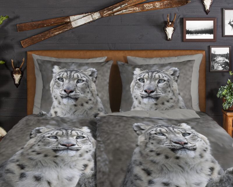 100% katoen/flanel dekbedset wit sneeuwluipaard van Good Morning in 200 x 200 cm