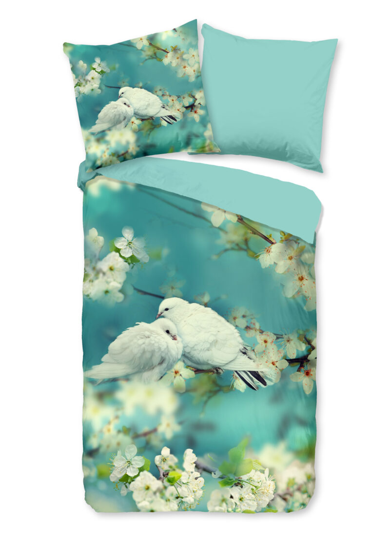 Good Morning Dekbedovertrek "witte duiven" - Aqua - (135x200 cm) - Katoen