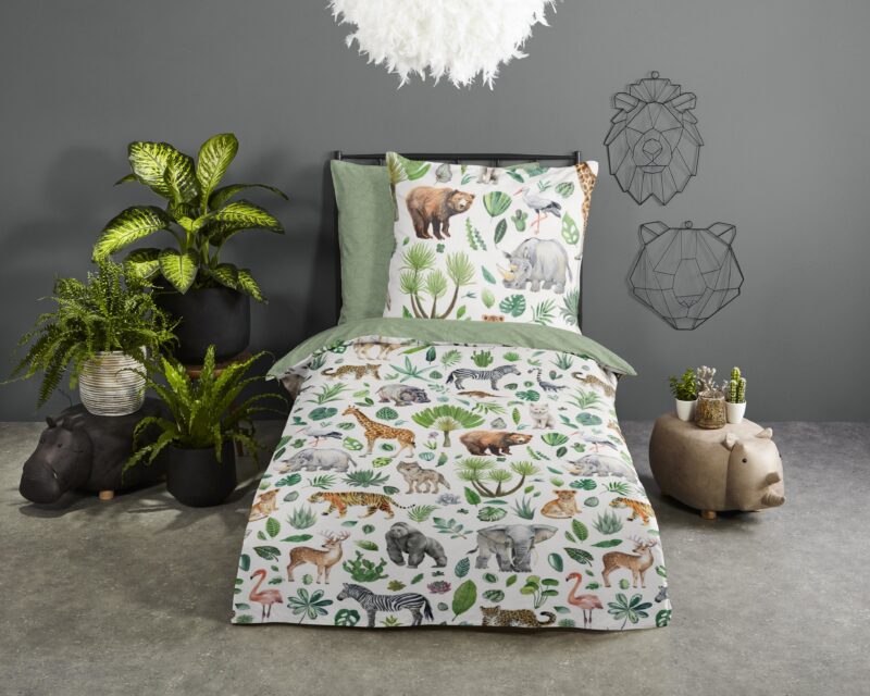 Afrikaanse dieren / big five overtrek van Good Morning, 135 x 200 cm, kussensloop 80 x 80 cm
