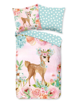 Good Morning dekbedovertrek bambi met bloemen - Multicolor - 135 x 200 cm - 100% katoen