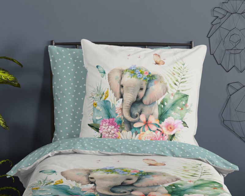 100% katoen dekbedset bloemen met een olifant van Good Morning in 135 x 200 cm