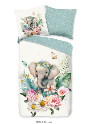 Good Morning dekbedovertrek bloemen met een olifant - Multicolor - 135 x 200 cm - 100% katoen