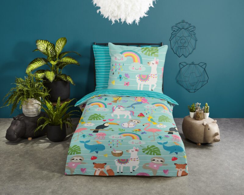 Dieren en regenbogen overtrek van Good Morning, 135 x 200 cm, kussensloop 80 x 80 cm