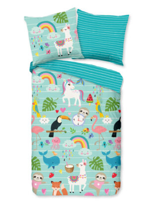 Good Morning dekbedovertrek dieren en regenbogen - Aqua - 135 x 200 cm - 100% katoen